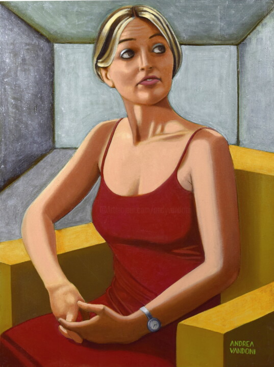 Painting titled "THE GIRL IN THE BOX" by Andrea Vandoni, Original Artwork, Oil Mounted on Wood Stretcher frame