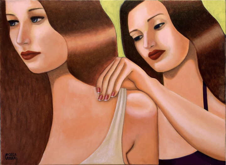 Painting titled "LE AMICHE" by Andrea Vandoni, Original Artwork, Oil Mounted on Wood Stretcher frame