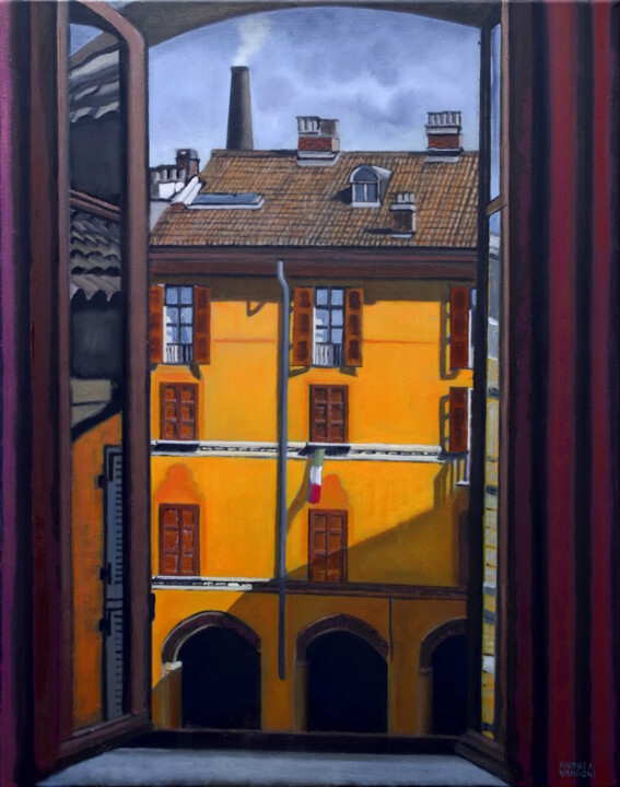 Painting titled "Windows" by Andrea Vandoni, Original Artwork, Oil Mounted on Wood Stretcher frame