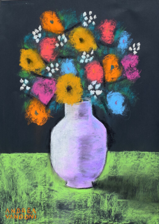 Drawing titled "VASE OF FLOWERS - 2…" by Andrea Vandoni, Original Artwork, Pastel Mounted on Cardboard