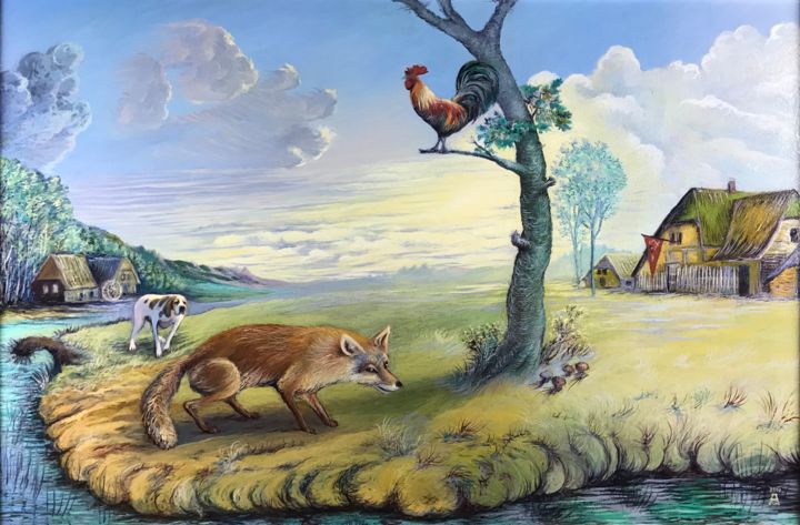 Painting titled "Il gallo e la volpe" by Andrea Canale, Original Artwork, Oil