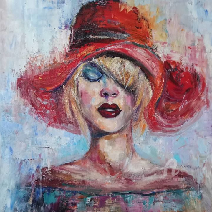Painting titled "Girl with the red h…" by Andrea Gakova, Original Art, Oil