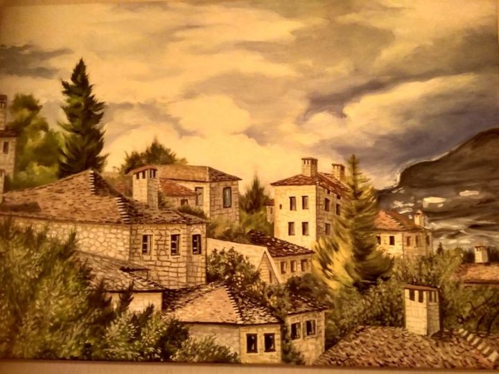 Painting titled "Greek village" by Andreas Anatolites, Original Artwork, Oil