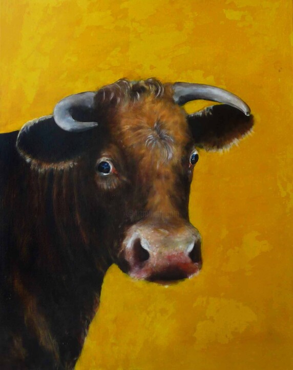 Malerei mit dem Titel "braune Kuh, die Zuk…" von Andreas Lochter, Original-Kunstwerk, Öl Auf Keilrahmen aus Holz montiert