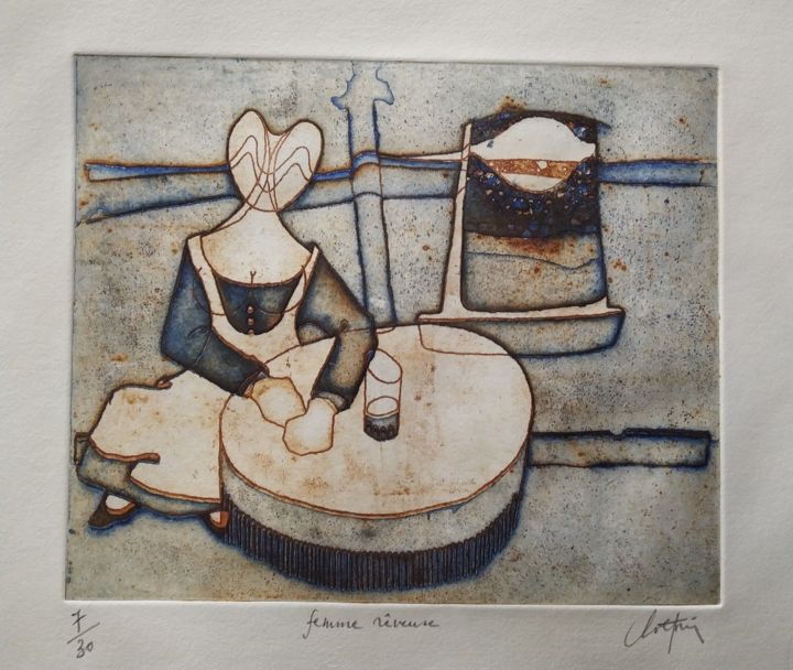 Gravures & estampes intitulée "Femme rêveuse" par André Colpin, Œuvre d'art originale, Eau-forte