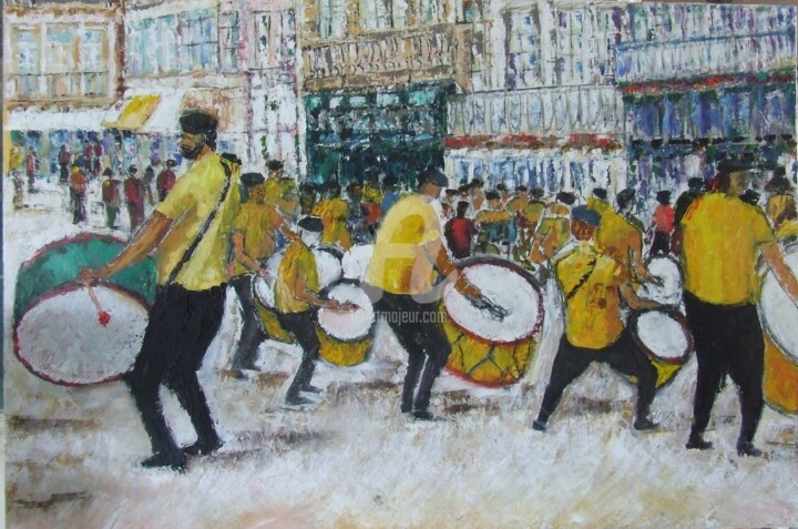 Painting titled "Bombos e Zés Pereir…" by André Da Luz (luxbridge), Original Artwork, Oil Mounted on Wood Stretcher frame