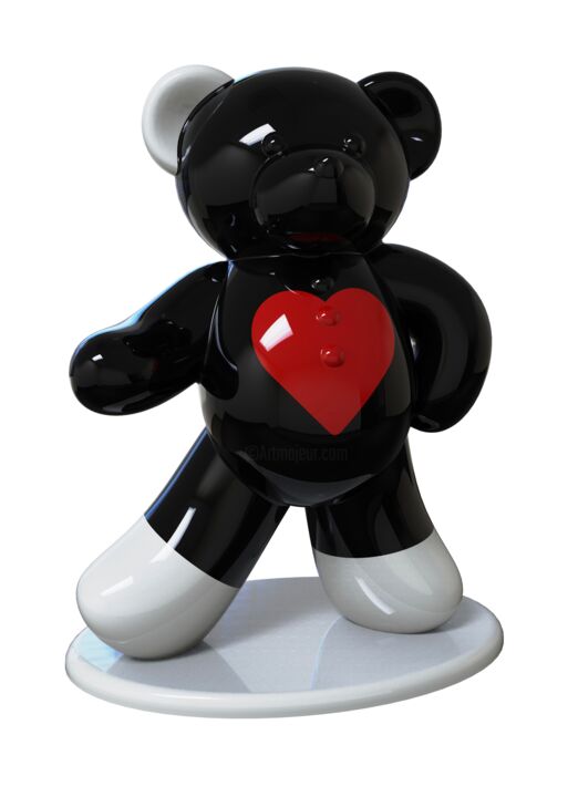 Sculpture titled "Ours Noir & Coeur R…" by Harouna Andre Guillabert Gacko, Original Artwork, Resin