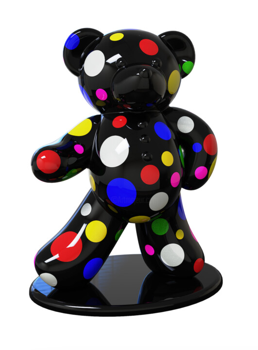 Sculpture intitulée "Ours Pop Art Dot Bl…" par Harouna Andre Guillabert Gacko, Œuvre d'art originale, Résine