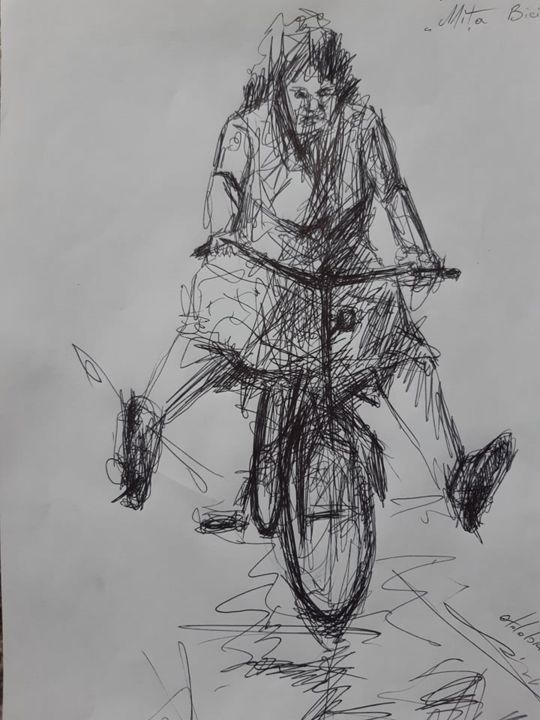 Zeichnungen mit dem Titel "Cyclist" von Andrei Adobritei, Original-Kunstwerk, Kugelschreiber