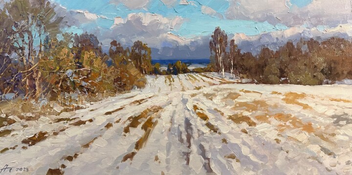 Painting titled "Winter in the Field" by Andrei Belaichuk, Original Artwork, Oil