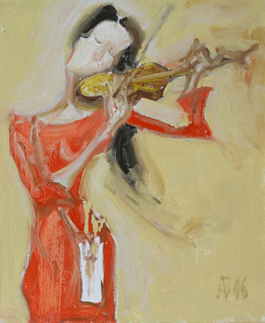 Peinture intitulée "Скрипка Катя" par Andrei Bondarau, Œuvre d'art originale
