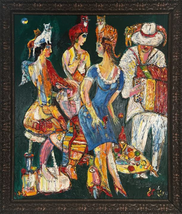 Painting titled "Women-cats" by Andrei Eletsky, Original Artwork, Oil Mounted on Wood Stretcher frame