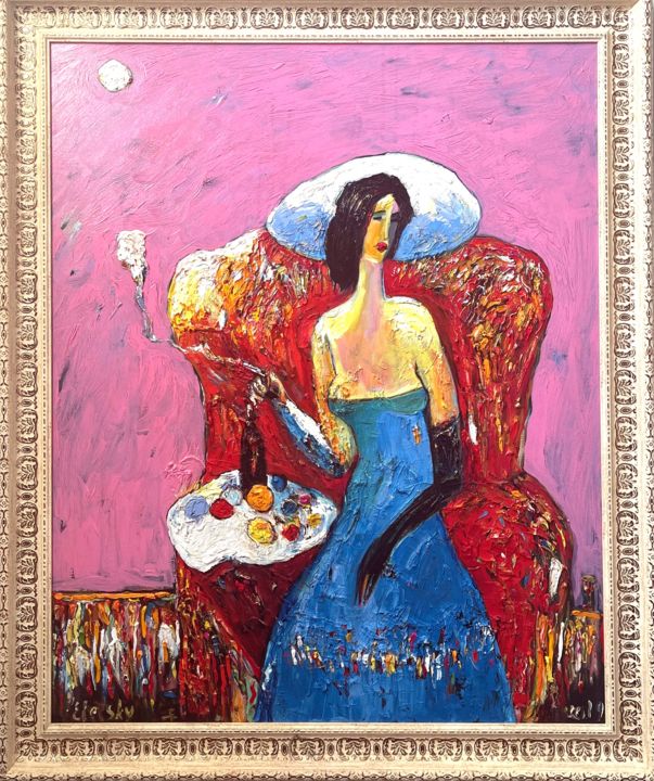 Painting titled "The girl in the cha…" by Andrei Eletsky, Original Artwork, Oil Mounted on Wood Stretcher frame