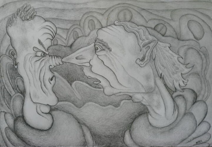 Drawing titled "The battle of noses" by Andrei Klenov, Original Artwork, Pencil