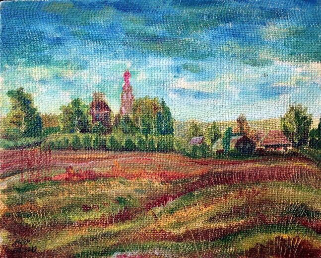 Peinture intitulée "View of the village…" par Andrei Klenov, Œuvre d'art originale, Huile