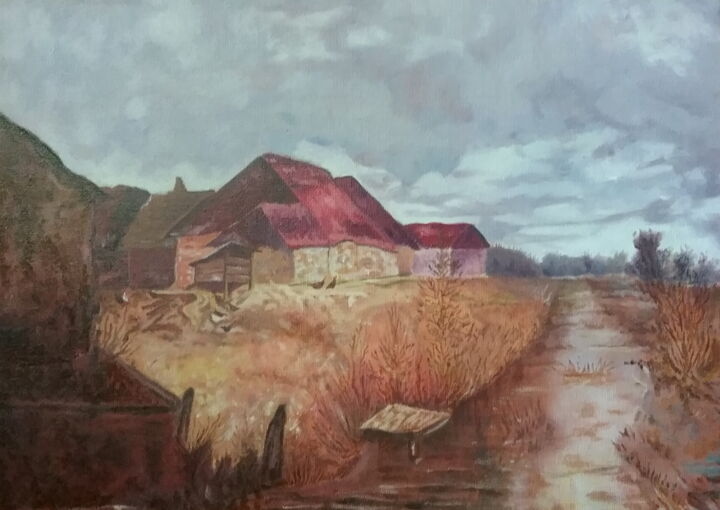 Painting titled "Farm by the Brook" by Andrei Klenov, Original Artwork, Oil