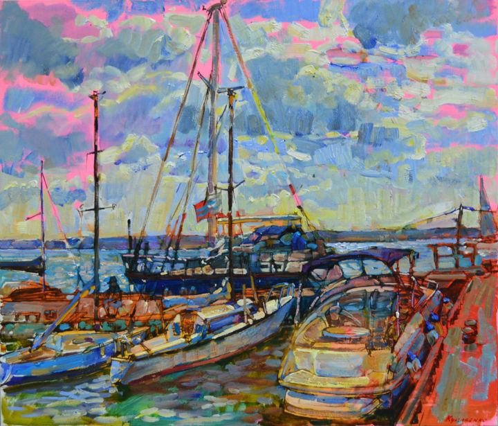 Painting titled "seascape with boats" by Andrei Kutsachenko, Original Artwork, Oil Mounted on Wood Stretcher frame