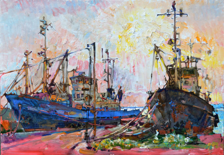 Painting titled "Fishing ships, suns…" by Andrei Kutsachenko, Original Artwork, Oil Mounted on Wood Stretcher frame