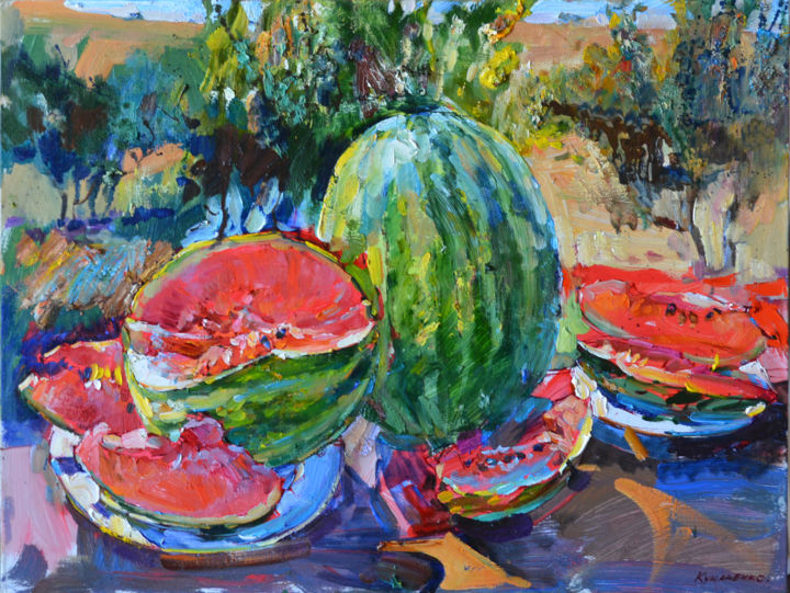 Painting titled "still life watermel…" by Andrei Kutsachenko, Original Artwork, Oil Mounted on Wood Stretcher frame