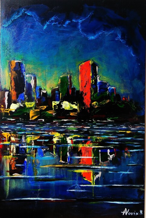 Schilderij getiteld "City trip3" door Andrei Novik, Origineel Kunstwerk, Acryl Gemonteerd op Frame voor houten brancard