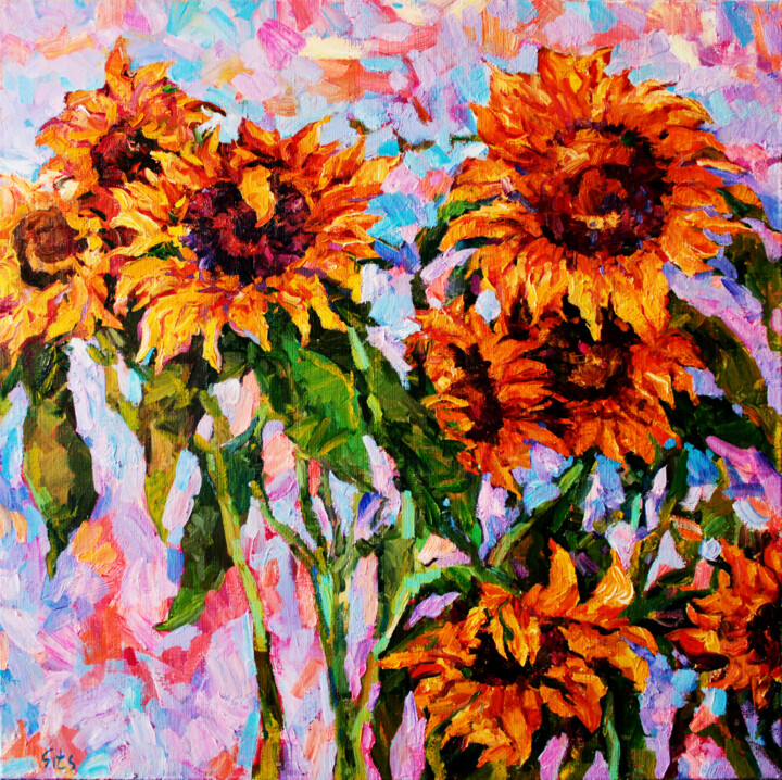 Painting titled "Sunflowers II" by Andrei Sitsko, Original Artwork, Oil Mounted on Wood Stretcher frame