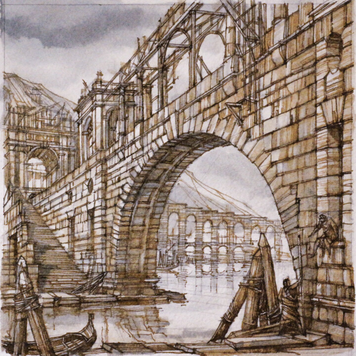Pintura intitulada "The Bridge" por Andrei Svistunov, Obras de arte originais, Aquarela