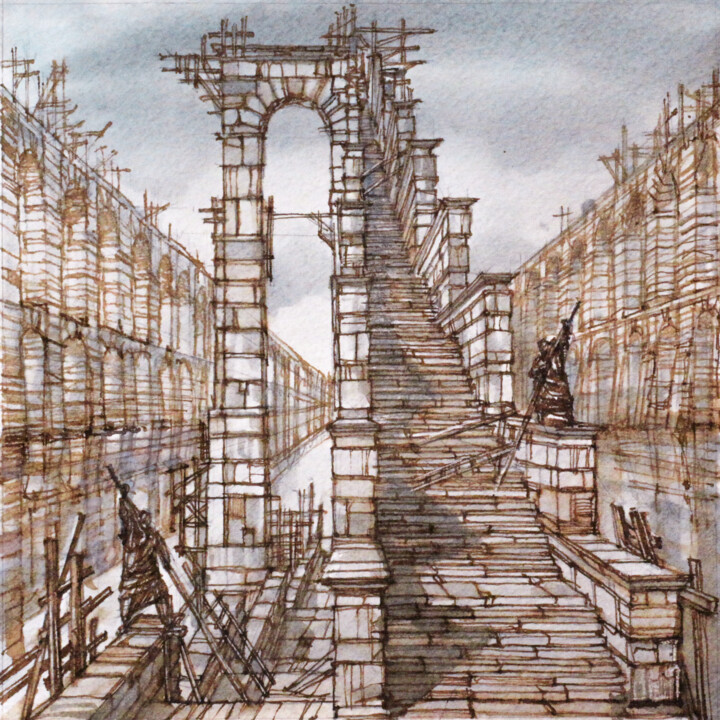 Schilderij getiteld "The Ladder On The W…" door Andrei Svistunov, Origineel Kunstwerk, Inkt
