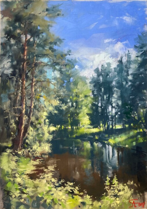 Картина под названием "Forest lake" - Andrei Svistunov, Подлинное произведение искусства, Пастель