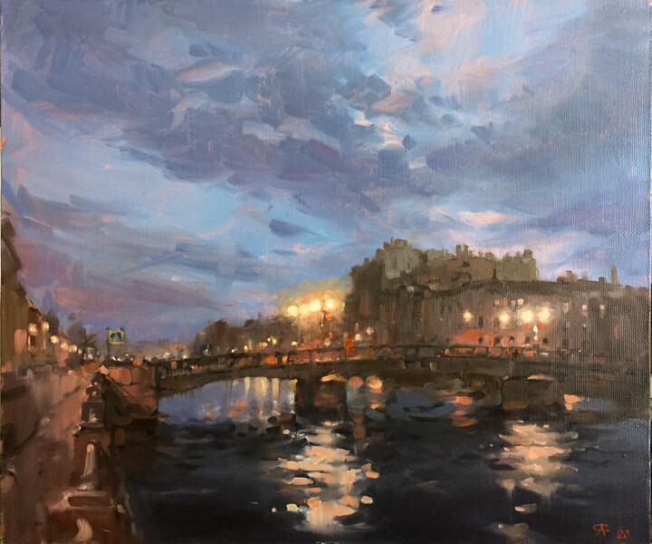 Pittura intitolato "Evening in the city…" da Andrei Svistunov, Opera d'arte originale, Olio