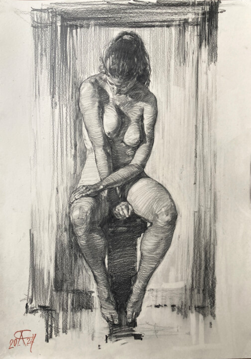Dessin intitulée "Nude model №3 in Be…" par Andrei Svistunov, Œuvre d'art originale, Crayon