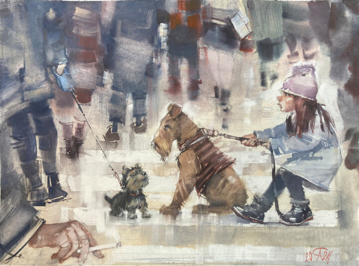 Painting titled "At the pedestrian c…" by Andrei Svistunov, Original Artwork, Watercolor