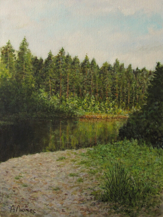 Картина под названием ""Речка и лес"" - Андрей Абрамов (Андрей Люмес), Подлинное произведение искусства, Масло