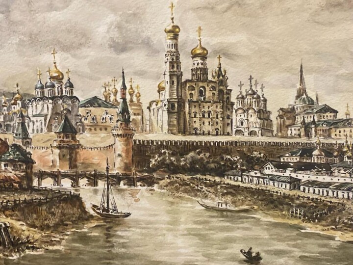 Картина под названием "Вид на Кремль" - Андрей Бирюков, Подлинное произведение искусства, Акварель