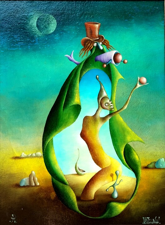 Schilderij getiteld "Cocoon" door Andrej Platounov, Origineel Kunstwerk, Olie Gemonteerd op Houten paneel