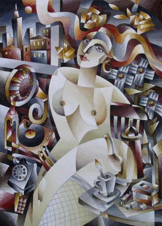 Malerei mit dem Titel "Evening coffee" von Andrei Saratov, Original-Kunstwerk, Öl