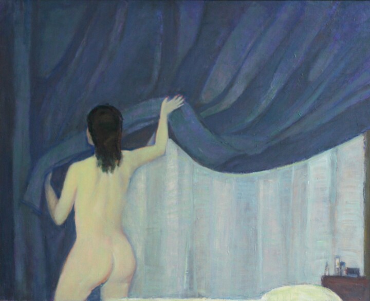 Картина под названием "Синяя штора" - Андрей Жевакин, Подлинное произведение искусства, Масло