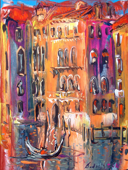 Painting titled "Violet Venice" by Andrejs Bovtovičs, Original Artwork, Acrylic