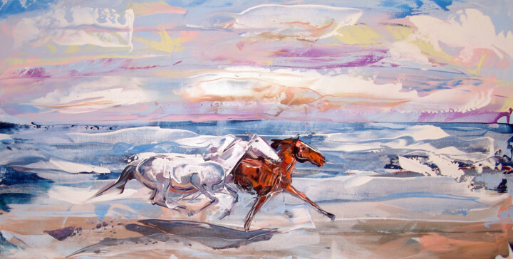 Painting titled "Sea Horses" by Andrejs Bovtovičs, Original Artwork, Acrylic Mounted on Wood Stretcher frame