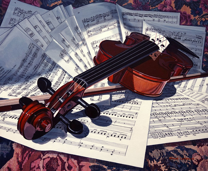 Painting titled "VIOLON SUR CANAPÉ" by Andre Lefebvre, Original Art, Oil