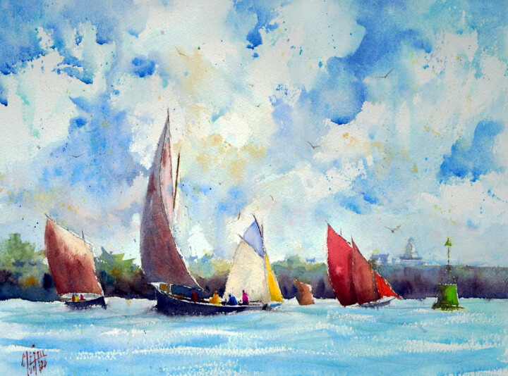「Sortie en mer」というタイトルの絵画 André Méhuによって, オリジナルのアートワーク, 水彩画