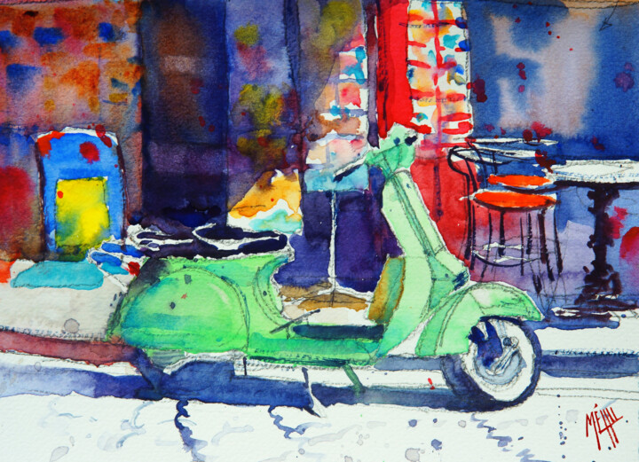 Malerei mit dem Titel "The scooter" von André Méhu, Original-Kunstwerk, Aquarell