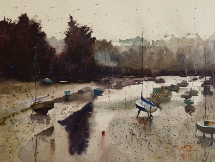 Peinture intitulée "Marée basse à Doëlan" par André Méhu, Œuvre d'art originale, Aquarelle