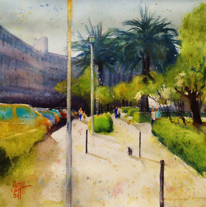 Painting titled "Promenade" by André Méhu, Original Artwork, Watercolor