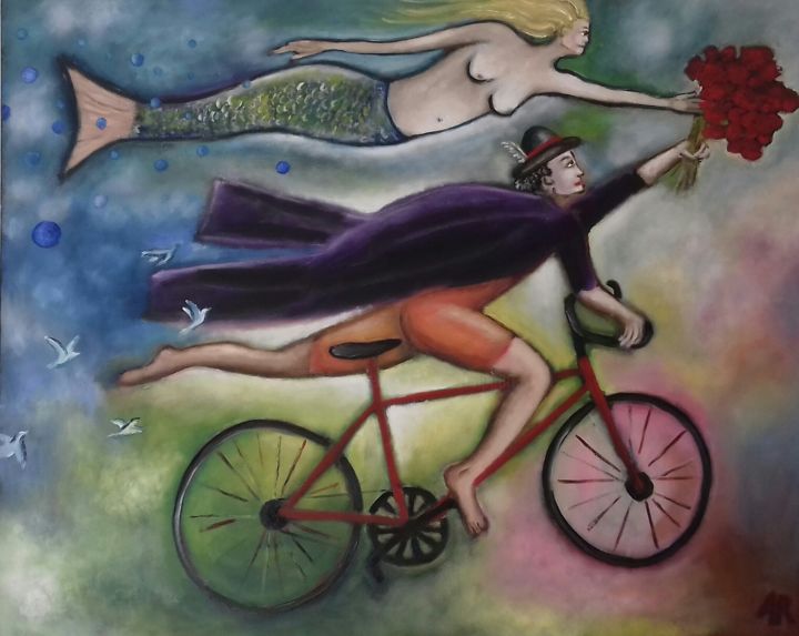 Painting titled "cycliste-et-sirene.…" by Andre Rippert, Original Artwork, Oil