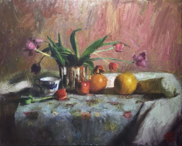 Painting titled "Still Life Flowers" by Andres Portillo, Original Artwork, Oil Mounted on Wood Stretcher frame