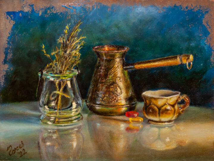 Pittura intitolato "Evening coffee" da Andrew Gusev, Opera d'arte originale, Olio