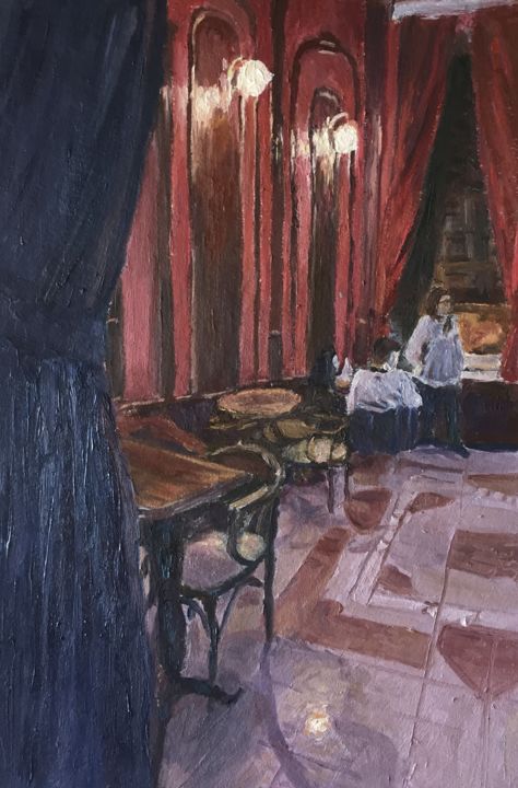 Pittura intitolato ""In a cafe"" da Andrew Kovyazin, Opera d'arte originale, Olio