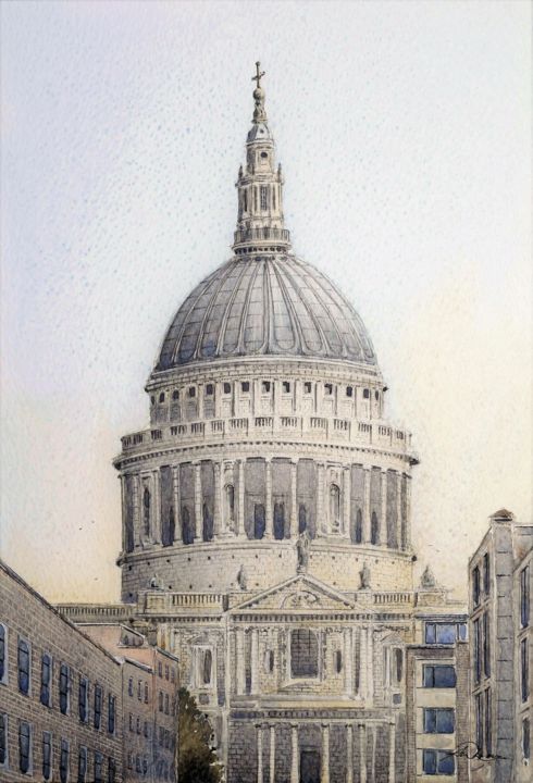 Картина под названием "St Paul's Cathedral…" - Andrew Lucas, Подлинное произведение искусства, Акварель