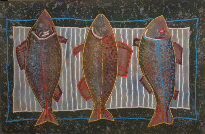 Art textile intitulée "Three Fishes" par Andrew Schneider, Œuvre d'art originale, Broderie