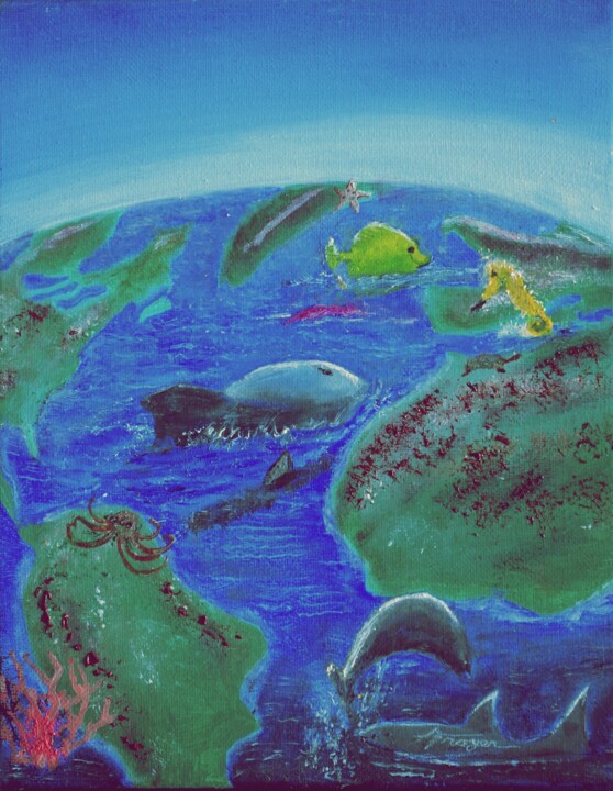 Painting titled ""Sea Creatures" (Da…" by Andrew Troyer, Jr, Original Artwork, Oil Mounted on Wood Stretcher frame
